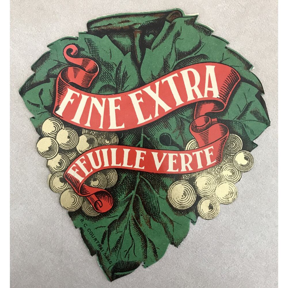 Vintage Courtrai Fine Extra Feuille Verte Grape Leaf French White Wine Label